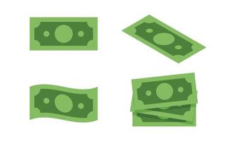 clipart de dinheiro de papel. em dinheiro vector design ilustração. notas verdes de um dólar em poses diferentes estilo isométrico dos desenhos animados de ícone plana. dinheiro, notas, investimento, finança, riqueza, conceito de orçamento