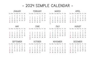 Calendário de 2024 em ilustração vetorial de estilo simples. design de calendário mensal clássico simples para 2024 em uma fonte de desenho animado limpa. a semana começa domingo. impressão de modelo de planejador de calendário minimalista ano 2024 vetor