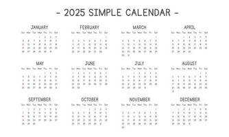 Calendário de 2025 em ilustração vetorial de estilo simples. design de calendário mensal clássico simples para 2025 em uma fonte de desenho animado limpa. a semana começa domingo. impressão de modelo de planejador de calendário minimalista ano 2025 vetor