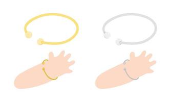 conjunto de vetores de clipart de pulseira de bebê dourado e prateado. pulseiras de bebê ajustáveis simples ou jóias na ilustração vetorial plana de pulso. estilo de desenho animado de pulseira de bebê. decoração infantil, recem nascido e berçário