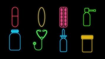 conjunto de sinais de néon médicos multicoloridos luminosos brilhantes para uma loja de farmácia ou laboratório científico hospitalar lindos brilhantes com objetos de ícones de medicina em um fundo preto. ilustração vetorial vetor