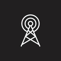 antena transmissora de vetor branco eps10 ou ícone de transmissão isolado no fundo preto. símbolo de contorno da torre wifi em um estilo moderno simples e moderno para o design do seu site, logotipo e aplicativo móvel
