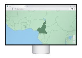 monitor de computador com mapa de camarões no navegador, procure o país de camarões no programa de mapeamento da web. vetor