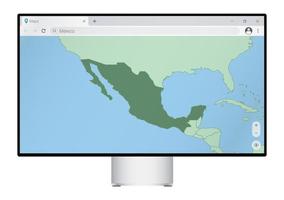 monitor de computador com mapa do méxico no navegador, procure o país do méxico no programa de mapeamento da web. vetor