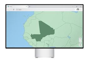 monitor de computador com mapa de mali no navegador, procure o país de mali no programa de mapeamento da web. vetor