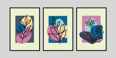 conjunto de vetores de arte de parede floral, botânico. folha linha art.foliage pintura com formas abstratas. design de minimalismo para pôster, papel de parede, decoração de parede, interior, capa, cartão postal