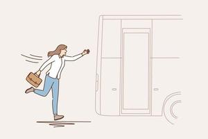 atraso e falta de conceito de tempo. personagem de desenho animado de mulher de negócios correndo tentando pegar saindo de ônibus ao ar livre ilustração vetorial vetor