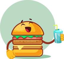 hambúrguer está segurando o copo com palha, ilustração, vetor em fundo branco.