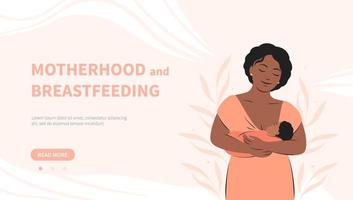 banner sobre amamentação e maternidade. mulher de pele escura alimentando o bebê. semana mundial da amamentação. ilustração vetorial. vetor