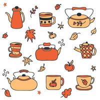 coleção de outono de bule, xícaras e canecas desenhadas à mão. vetor