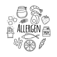 alérgenos alimentares. coleção de produtos alérgenos. ilustração vetorial. alergia. estilo doodle. peixe alérgeno, ovo, mel, glúten, leite. vetor