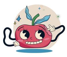 adesivo de maçã retrô dos desenhos animados em luvas brancas. ilustração em vetor personagem retrô de apple masco. maçã engraçada com olhos grandes.
