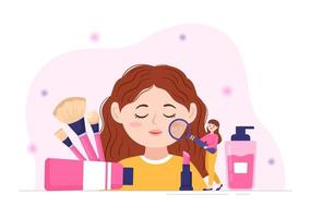 escola de beleza e maquiagem com produtos cosméticos para estudar e lindas garotas aplicando maquiagem em ilustração de modelos desenhados à mão de desenhos animados planos vetor