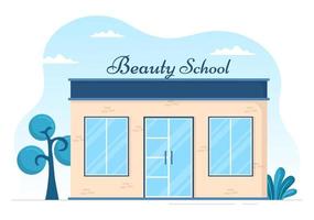 escola de beleza e maquiagem com produtos cosméticos para estudar e lindas garotas aplicando maquiagem em ilustração de modelos desenhados à mão de desenhos animados planos vetor