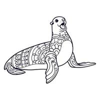 artes de mandala de desenho animado de leão marinho bonito isoladas no fundo branco vetor