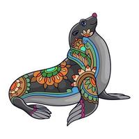 artes coloridas da mandala dos desenhos animados do leão-marinho bonito isoladas no fundo branco vetor