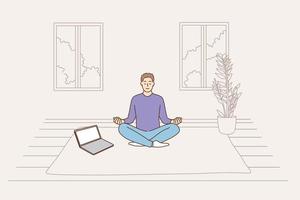 meditação online, anti estresse, conceito de saúde mental. personagem de desenho animado jovem positivo calmo sentado no chão em casa fazendo aula de meditação on-line com ilustração vetorial de laptop vetor