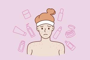 problemas de pele e conceito de cuidados com a pele. rosto de jovem adolescente triste e estressado de pé com ombros nus com acne vermelha ou ilustração vetorial de espinhas vetor