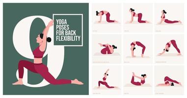 poses de ioga para flexibilidade nas costas. jovem praticando pose de ioga. mulher treino fitness, aeróbico e exercícios. ilustração vetorial. vetor