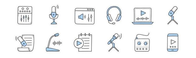 ícones de doodle de podcast com microfone, fones de ouvido vetor