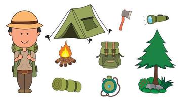 conjunto de suprimentos de acampamento. criança bonitinha está acampando na natureza. ferramentas e equipamentos de acampamento de aventura para crianças. vetor