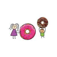 crianças desenhando estilo engraçado menina e menino brincando com donuts em um estilo cartoon vetor
