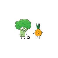 crianças desenhando estilo engraçado legumes fofos brócolis e cebola jogando futebol em um estilo cartoon vetor