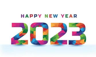feliz ano novo 2023 design de texto colorido de baixo polígono. feliz ano novo 2023 texto de cabeçalho de banner de mídia social vetor
