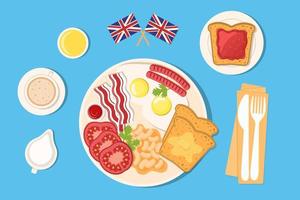 pequeno-almoço inglês, ilustração vetorial em estilo simples. conjunto de elementos, ovos mexidos, bacon, pão, salsichas, feijão branco, tomate, geléia, café, suco. vetor