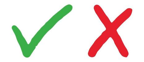 mão desenhada de marca de seleção verde e cruz vermelha isolada. ícone certo e errado. ilustração vetorial. vetor