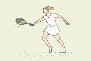 tenista profissional e conceito de estilo de vida ativo. jovem sorridente atleta esportista personagem de desenho animado segurando raquete jogando tênis com ilustração vetorial de estilo de vida ativo vetor