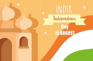 feliz dia da independência india taj mahal e símbolo da bandeira vetor