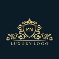 logotipo da letra fn com escudo de ouro de luxo. modelo de vetor de logotipo de elegância.