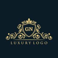 letra gn logotipo com escudo de ouro de luxo. modelo de vetor de logotipo de elegância.