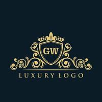 letra gw logotipo com escudo de ouro de luxo. modelo de vetor de logotipo de elegância.