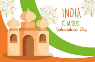feliz dia da independência na Índia, bandeira taj mahal e fogos de artifício vetor