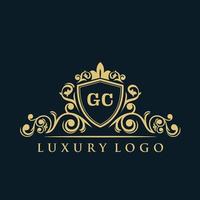 letra gc logotipo com escudo de ouro de luxo. modelo de vetor de logotipo de elegância.