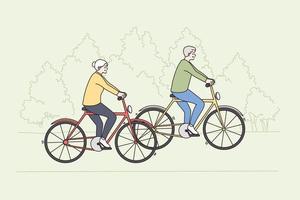 feliz estilo de vida ativo do conceito de idosos. casal de idosos maduros homem e mulher andando de bicicleta juntos ao ar livre desfrutando de passeio e ilustração vetorial de lazer ativo vetor