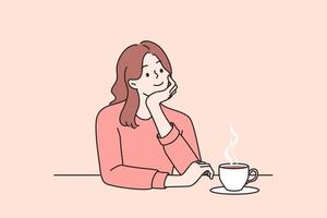 sonhando e conceito de relaxamento diário. jovem garota positiva sentada sonhando na mesa bebendo chá ou café sozinho ilustração vetorial vetor