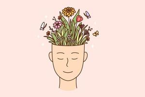 criatividade, desenvolvimento pessoal, conceito de crescimento individual. mão humana com sorriso e cheia de flores desabrochando em ilustração vetorial de pote vetor