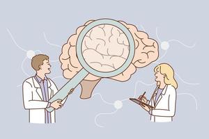 pesquisa do conceito de cérebro humano. jovem e mulher médicos cientistas em pé olhando para o enorme cérebro humano fazendo anotações juntos ilustração vetorial vetor