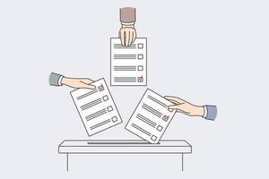 conceito internacional de votação e eleições. mãos de pessoas multiétnicas colocando cédulas nas urnas fazendo ilustração vetorial de escolha vetor