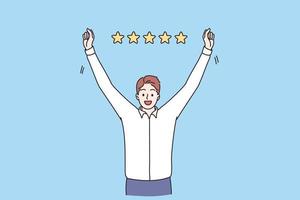 classificação de negócios, sucesso, atingindo o conceito de objetivo. personagem de desenho animado jovem empresário sorridente em pé se sentindo feliz com a classificação de cinco estrelas acima da ilustração vetorial vetor