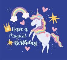 cartão de aniversário com unicórnio mágico colorido vetor