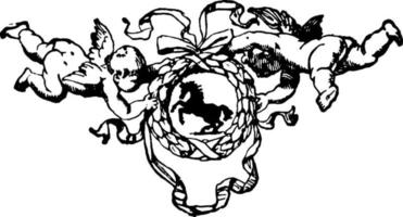 coroa de flores com querubins tem um centro de cavalo em seu design, gravura vintage. vetor