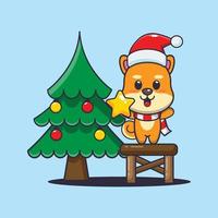 lindo cachorro shiba inu tirando estrela da árvore de natal. ilustração de desenho animado de natal bonito. vetor