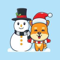 lindo cachorro shiba inu brincando com boneco de neve. ilustração de desenho animado de natal bonito. vetor