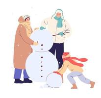 retrato de família feliz construindo boneco de neve no inverno vetor