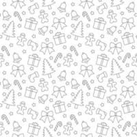 design de padrão sem costura de fundo de natal com papai noel, árvore, boneco de neve e presentes em modelo de ilustração plana de desenhos animados desenhados à mão vetor