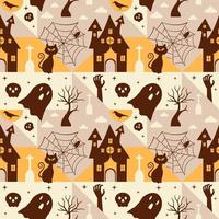 design de padrão perfeito de halloween com bruxa, casa assombrada, abóboras ou morcegos em modelo de ilustração plana de desenho animado desenhado à mão vetor